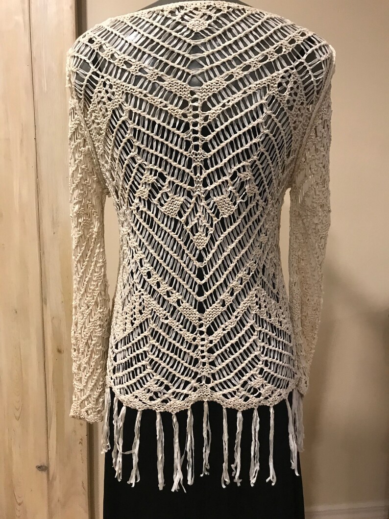 Open Weave Fringed Tunic Top Sheer Natural Shades S