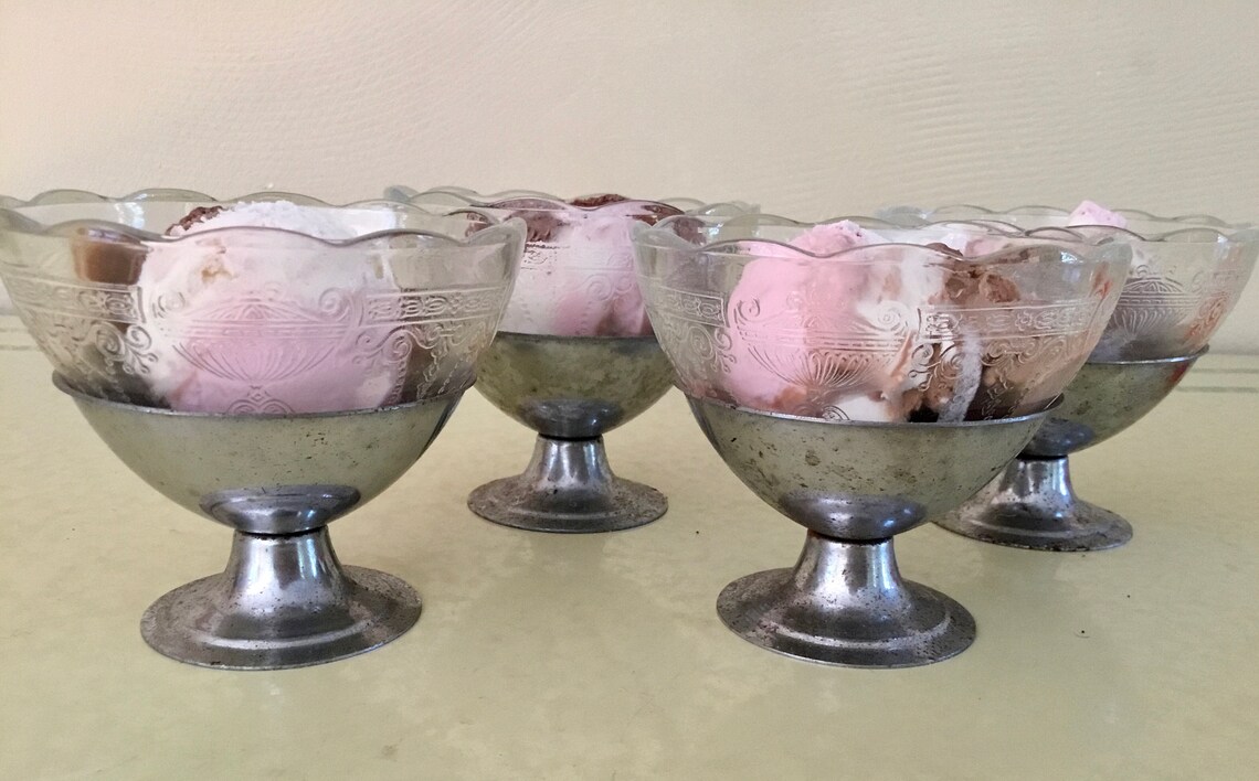 Vintage Dessert Cups Depression Glass Metal Holder Etsy