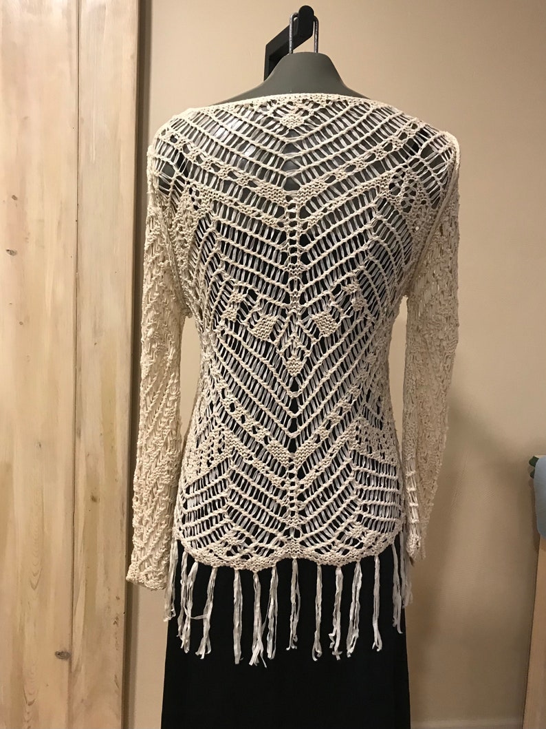 Open Weave Fringed Tunic Top Sheer Natural Shades S
