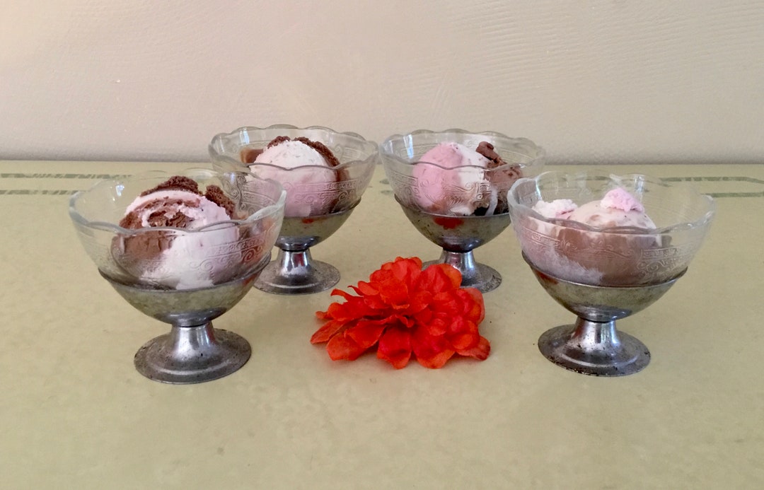 Vintage Dessert Cups Depression Glass Metal Holder Etsy