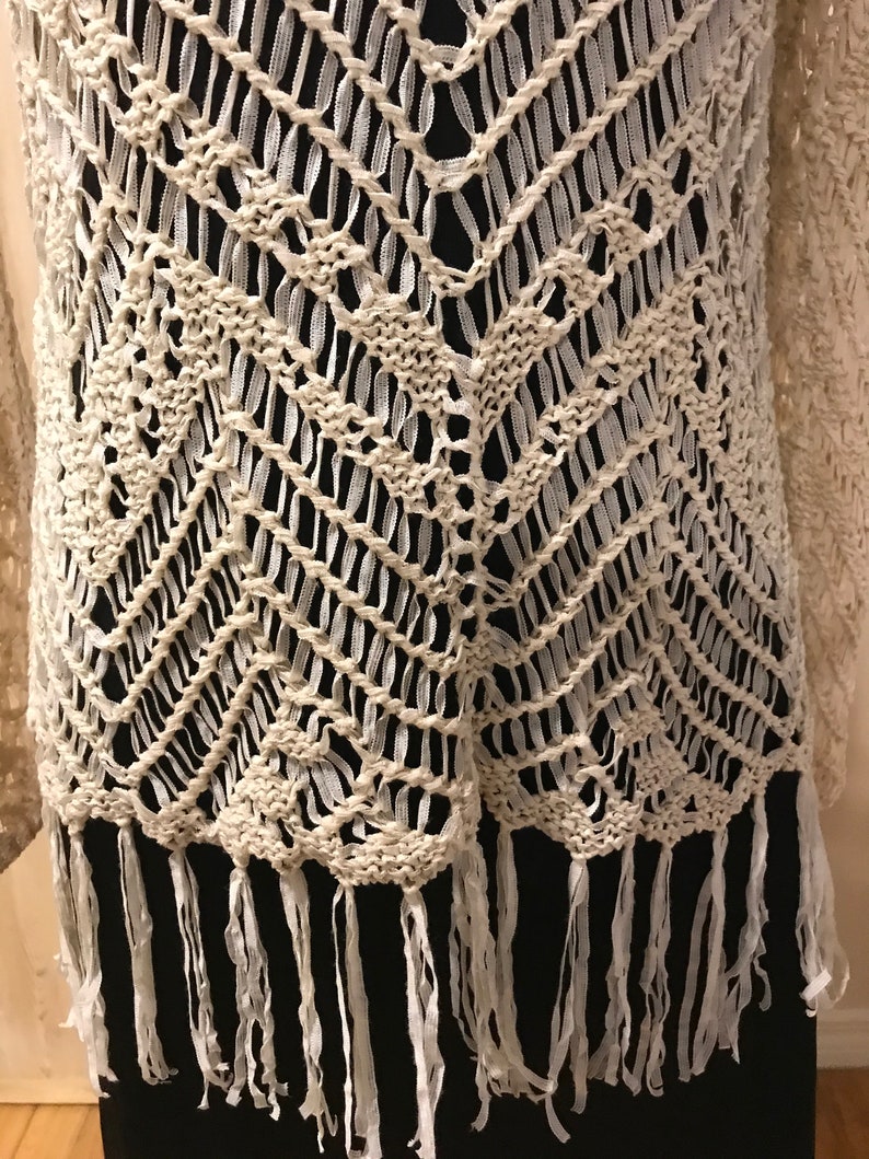 Open Weave Fringed Tunic Top Sheer Natural Shades S
