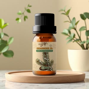 Może przedstawiać: Mała, bursztynowa szklana butelka olejku cedrowego z czarną zakrętką. Etykieta zawiera ilustrację gałązki sosny i napis "Cedarwood Oil 100% Pure Essence Oil". Butelka stoi na drewnianej tacy, z roślinami w tle.