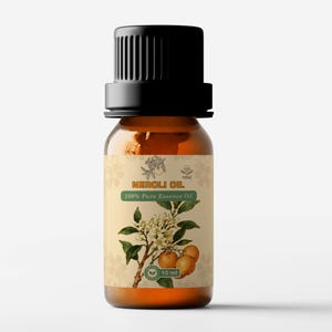 May include: A brown glass bottle of Neroli Oil with a black cap. The label features an illustration of orange blossoms and oranges. The text on the label reads "NEROLI OIL" and "100% Pure Essence Oil". The bottle contains 10 ml of oil.
