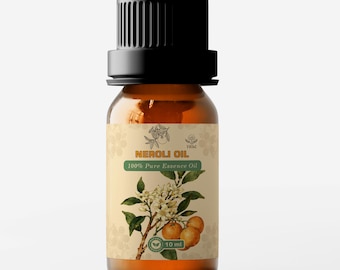 May include: A brown glass bottle of Neroli Oil with a black cap. The label features an illustration of orange blossoms and oranges. The text on the label reads "NEROLI OIL" and "100% Pure Essence Oil". The bottle contains 10 ml of oil.