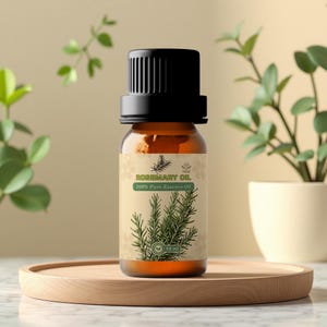 May include: A small amber glass bottle of rosemary oil with a black cap. The label reads "Rosemary Oil 100% Pure Essence Oil" and features a sprig of rosemary. The bottle is on a wooden tray, with green plants in the background.