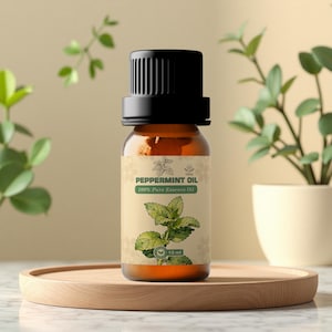 Könnte beinhalten: Eine braune Glasflasche Pfefferminzöl mit schwarzem Verschluss. Das Etikett zeigt den Text "Peppermint Oil 100% Pure Essence Oil" und eine grüne Abbildung einer Pfefferminzpflanze. Die Flasche ist 10 ml groß und steht auf einem Holztablett.