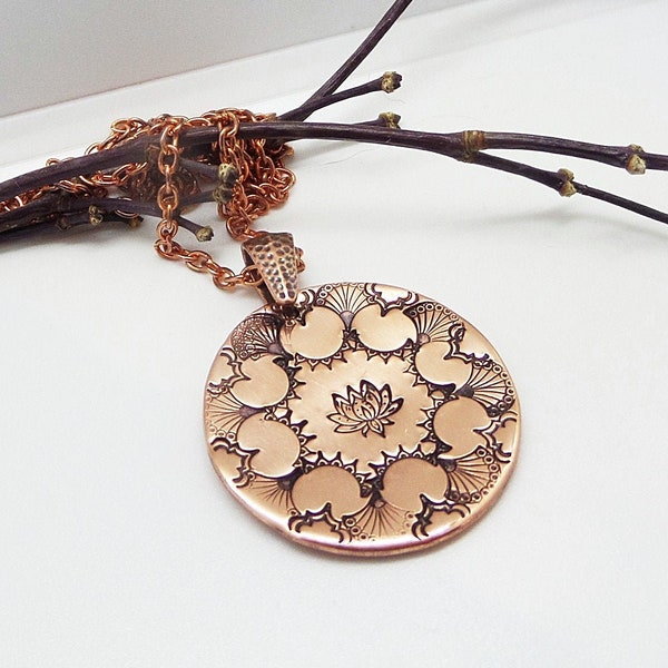 Hand Stamped Copper Pendant Necklace, Lotus Mandala Design