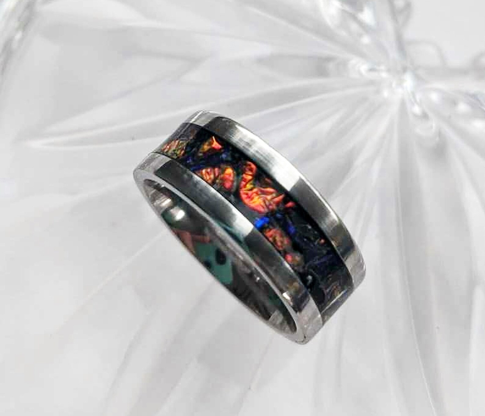 Handcrafted Red Burl Dichrolam Stainless Steel Inlay Ring Size 8 - Etsy