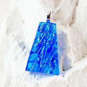 Sparkling Blue Dichroic Glass Pendant - Fused Glass Art Necklace