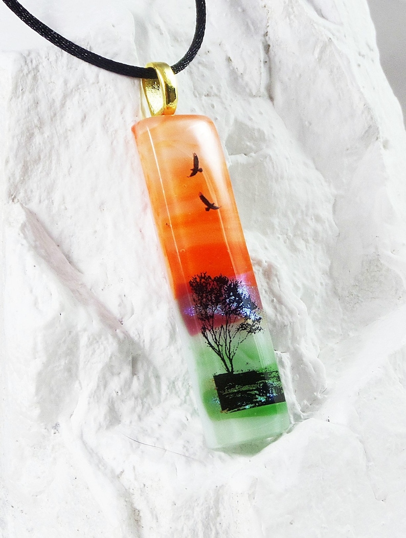Glass Jewelry Fused Art Dichroic Pendant Necklace T26 Simple Tree Scene
