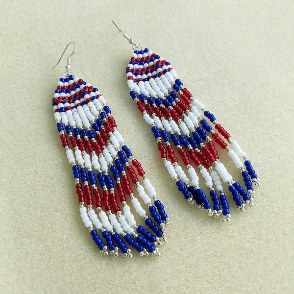 Red White n Blue Beaded Fringe Earrings - Handmade Dangle Earrings