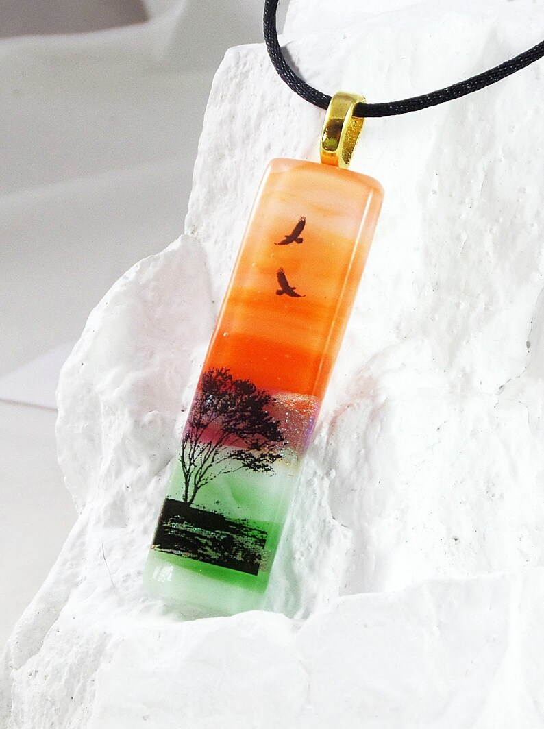 Glass Jewelry Fused Art Dichroic Pendant Necklace T26 Simple Tree Scene