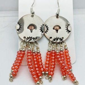 Hand Stamped Beaded Dangle Earrings