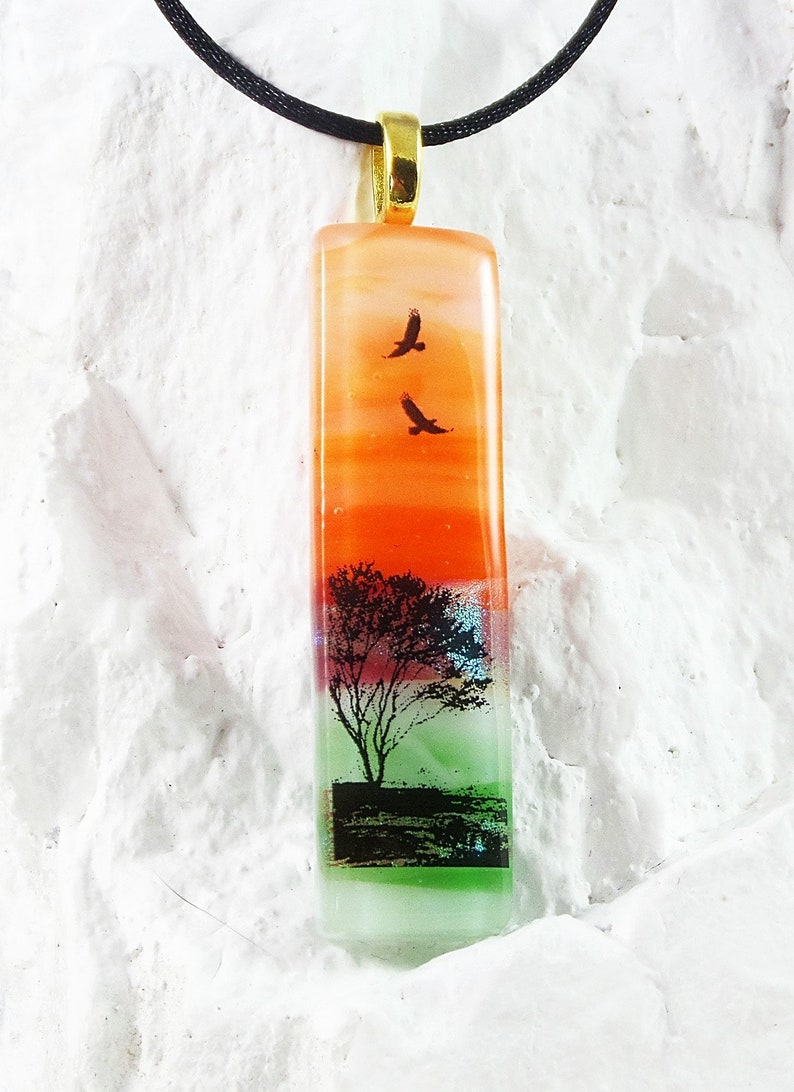 Glass Jewelry Fused Art Dichroic Pendant Necklace T26 Simple Tree Scene