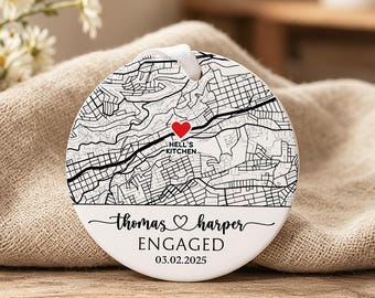 Custom Engagement Ornament,Map Ornament,Engagement Map,Personalized Engagement Gift for Couple,Newlywed Gift,Engagement Location Ornament