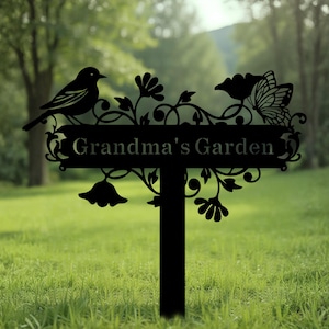 Plaque de jardin en métal personnalisée avec fleurs, piquet de jardin en métal avec oiseaux, décoration de jardin fleuri, décoration de jardin personnalisée, idée cadeau pour amoureux