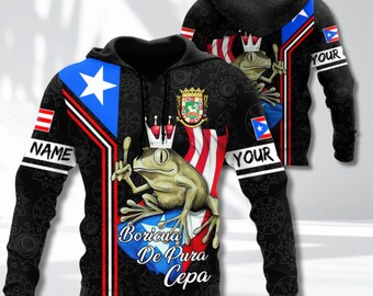 Custom Name Boricua Hoodie: Puerto Rico Flag, Coqui Frog 3D Pullover