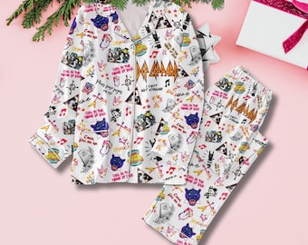 Retro Rock Band Doodle Pajamas Set, White Music Print Unisex Winter PJs