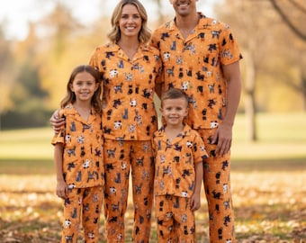 Family Matching Cat Print Pajamas Set Button Up Tops Pants for Mom Dad Kids