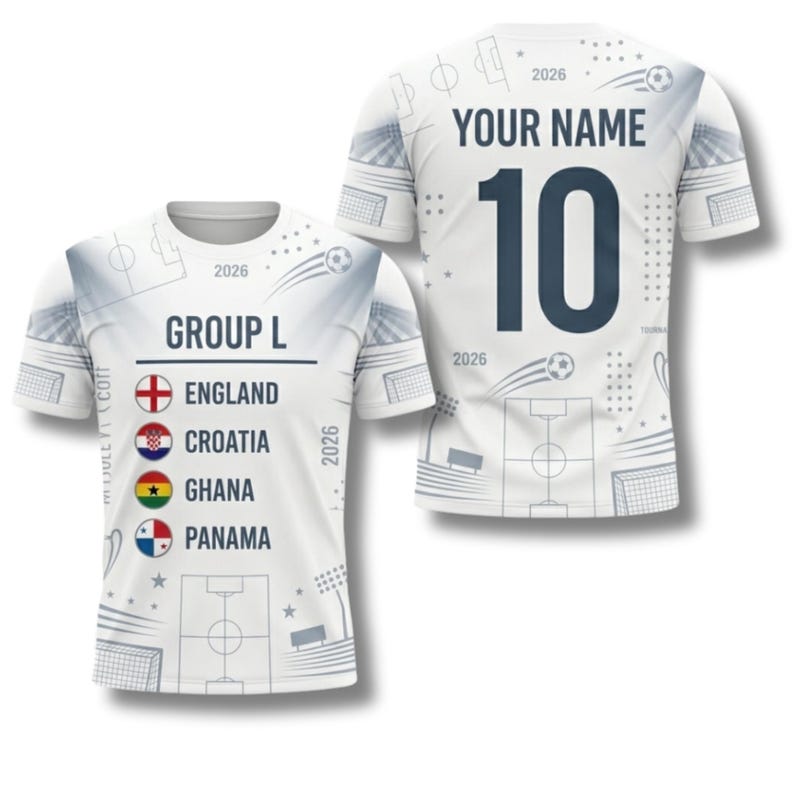 May include: White soccer jersey with a graphic design. The front displays "GROUP L" and flags of England, Croatia, Ghana, and Panama. The back features the number 10 and the text "YOUR NAME". The year "2026" is printed on the jersey.