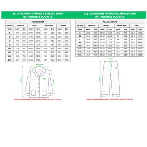 May include: Detailed size charts for all-over print piping pajamas shirts and pants with double pockets. Measurements are provided in inches and centimeters for bust, shoulder, sleeve, waist, front rise, and hip.