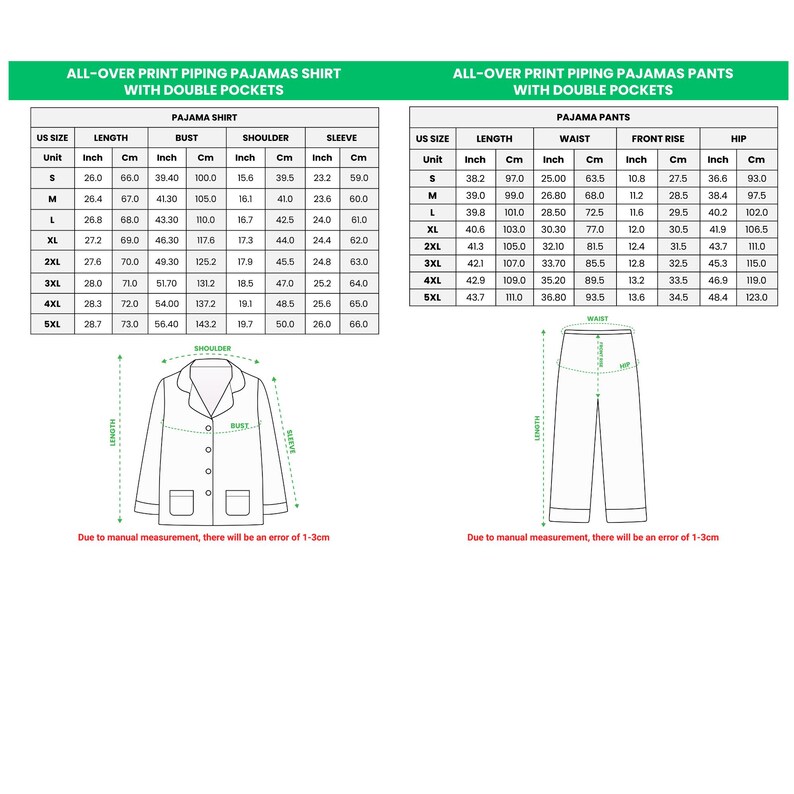 May include: Detailed size charts for all-over print piping pajamas shirts and pants with double pockets. Measurements are provided in inches and centimeters for bust, shoulder, sleeve, waist, front rise, and hip.