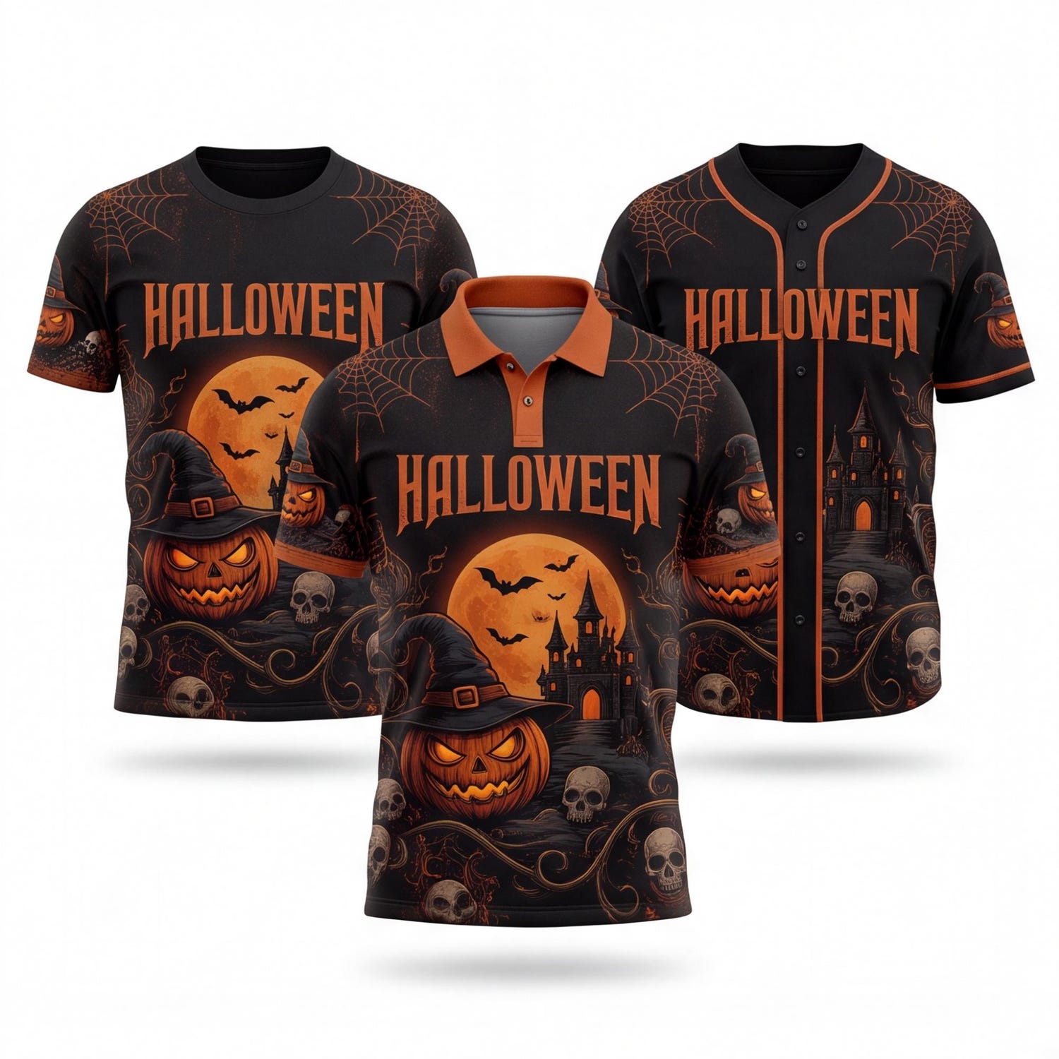 Halloween Pumpkin Skull Shirt, Baseball Jersey, T-Shirt & Polo, Spooky Castle Design