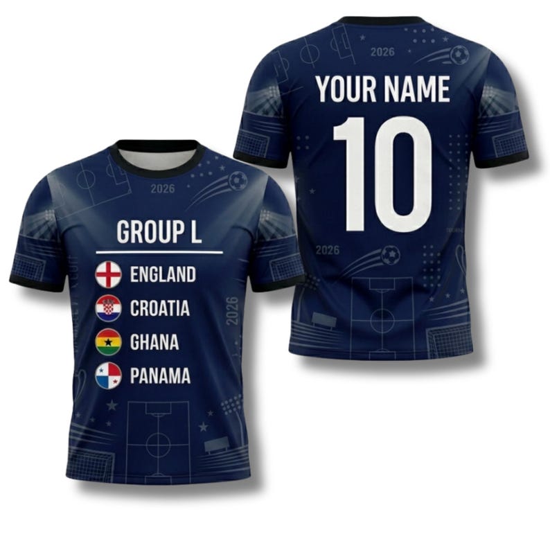 May include: Navy blue soccer jersey with the text "YOUR NAME" and the number "10" on the back. The front of the jersey displays "GROUP L" and the flags of England, Croatia, Ghana, and Panama. The jersey has a soccer field pattern.