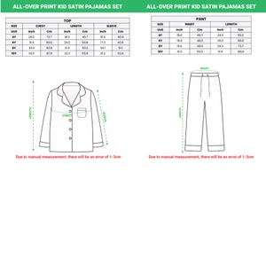 May include: Diagram of a kid's satin pajama set, including a top and pants. The top's chest measurements range from 29.0 to 34.5 inches, and the pants' waist measurements range from 18.0 to 21.0 inches. The text states that there may be a 1-3cm error.