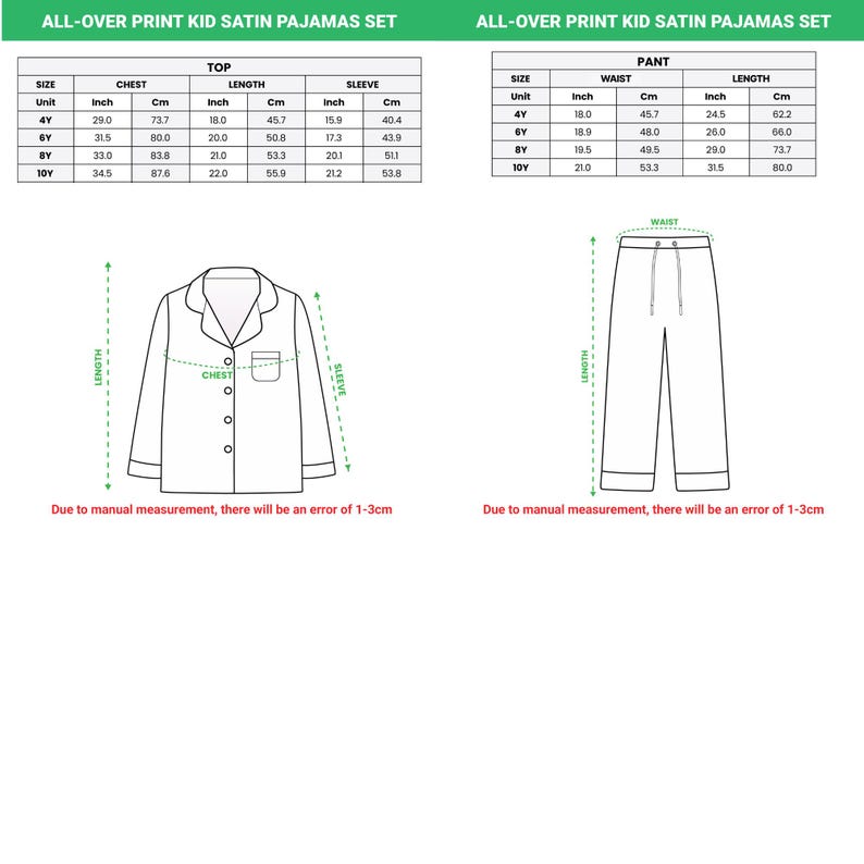 May include: Diagram of a kid's satin pajama set, including a top and pants. The top's chest measurements range from 29.0 to 34.5 inches, and the pants' waist measurements range from 18.0 to 21.0 inches. The text states that there may be a 1-3cm error.