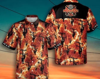 Electric Lineman Button Up Shirt, Fire Lightning Utility Pole Print, Lineworker Workwear Top, Blue Collar Gift, Short Sleeve Unisex Fit