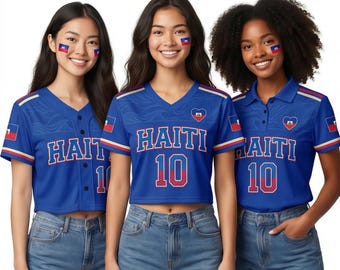 Haiti Damen Crop Top Baseball Jersey, Mesh Crop Top und Damen Poloshirt Set, Blue Country Flagge Fan Outfit für Game Day Fans