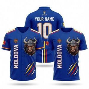 May include: Three blue sports jerseys with a bull graphic. One is a baseball jersey, and two are t-shirts. The jerseys feature the word "Moldova" and the number 10. The back of one jersey says "Your Name".
