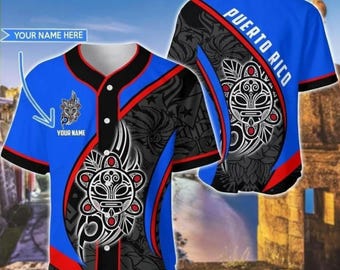 Camiseta de béisbol de Puerto Rico con nombre personalizado, camisa con botones y diseño de bandera del orgullo boricua