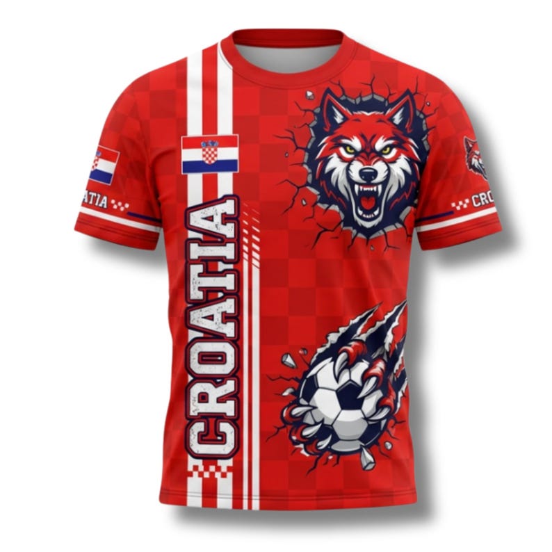 May include: Red t-shirt with a Croatian theme. The shirt features a wolf graphic breaking through a wall, a soccer ball being clawed, and the word "CROATIA" vertically down the front. The Croatian flag is also displayed.