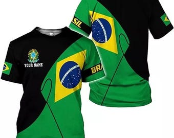 Camiseta 3D con la bandera de Brasil: nombre personalizado, orgullo brasileño y colores nacionales