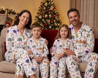 Retro Rock Band Doodle Pyjamas Set, Vit Musiktryck Unisex Vinterpyjamas