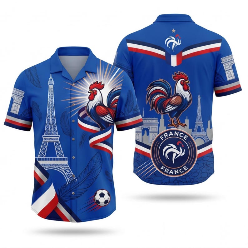 May include: Blue button-up shirt featuring a rooster, Eiffel Tower, and soccer ball design. The shirt has short sleeves and a collar. The back of the shirt also features a rooster and the Eiffel Tower. The shirt has red, white, and blue accents.