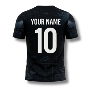 May include: Black soccer jersey with the text "YOUR NAME" above the number "10" in white. The jersey has a subtle pattern of soccer field elements and the year "2026".