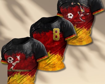 German Colors Soccer Jersey Tee, Black Red Gold Splash Design, Number 8 Fan Shirt
