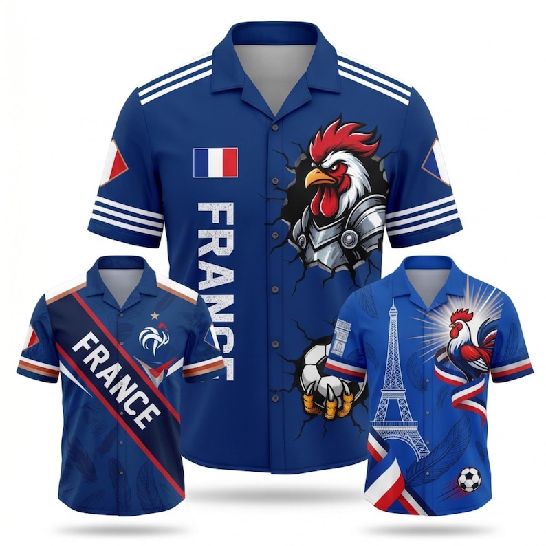May include: Three blue button-down shirts with short sleeves, featuring French-themed designs. One shirt has a large rooster graphic, another has the word "FRANCE" vertically, and the third displays the Eiffel Tower and a soccer ball.