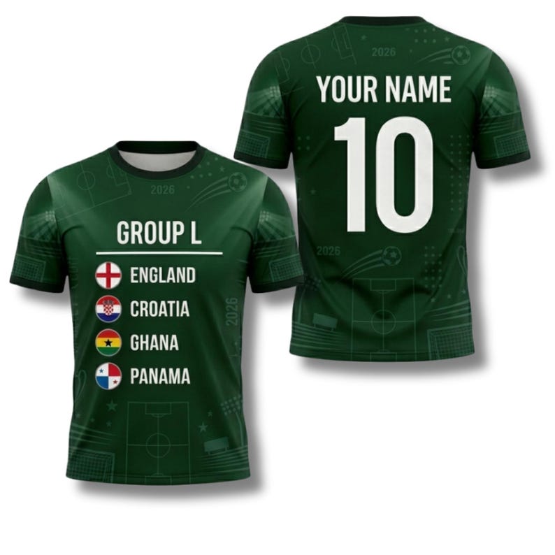 May include: Green soccer jersey with the text "GROUP L" and the flags of England, Croatia, Ghana, and Panama. The back of the jersey has the number 10 and the text "YOUR NAME". The jersey has a soccer field pattern.