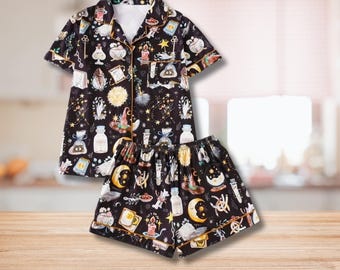 Celestial Witch Pajama Set, Moon Tarot Print, Satin Loungewear