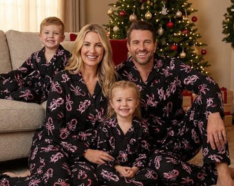 Black Bow Candy Cane Pajamas Set, Womens Button Top, Cozy Holiday PJs