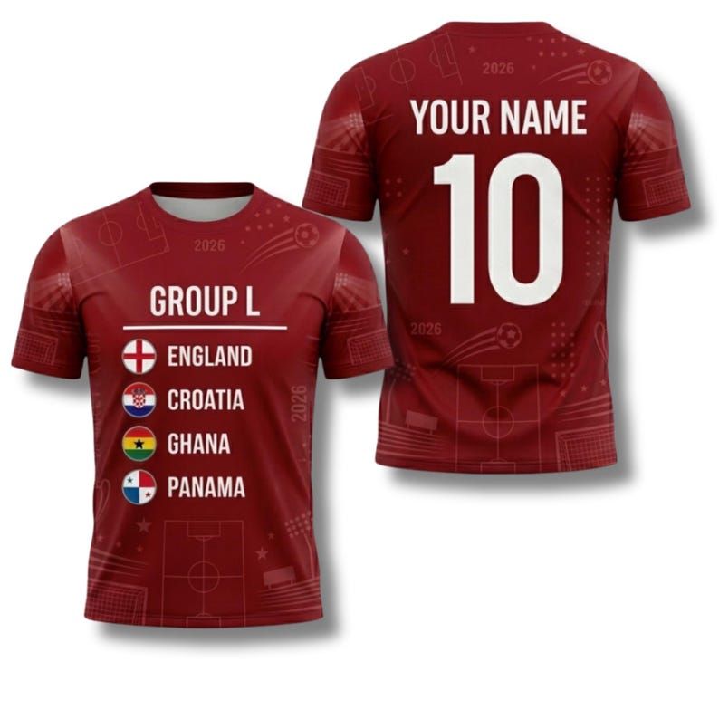 May include: Maroon soccer jersey with the text "GROUP L" and the flags of England, Croatia, Ghana, and Panama. The back of the jersey displays the number "10" and the text "YOUR NAME" in white. The year "2026" is printed on the front and back.