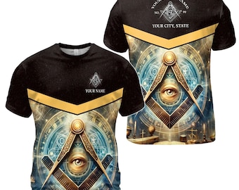 Custom Freemason All-Seeing Eye T-Shirt - Masonic Square & Compass Shirt with Personalized Lodge Name