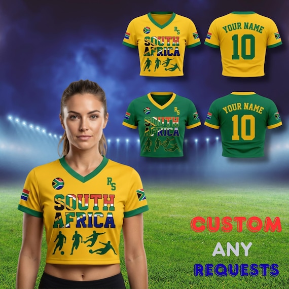 South Africa Soccer Fan Crop Top: Personalized Football Jersey (100% Polyester)