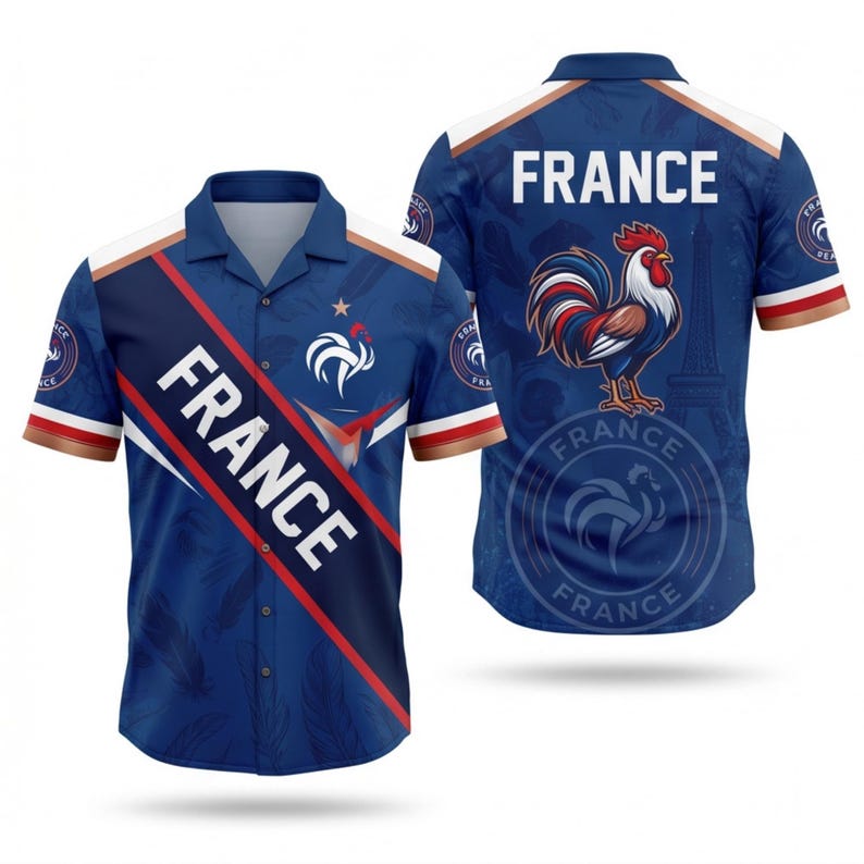 May include: Blue button-up shirt with the word "FRANCE" in white. The shirt features a rooster graphic and the French flag colors. The back of the shirt has the word "FRANCE" and a rooster graphic.