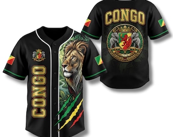 Republic of Congo Baseball Jersey Shirt, Congo Flag Button Up, Lion Fan Gift
