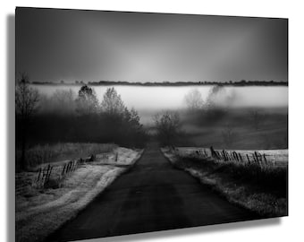 Foggy Road Photography Print: Black and White Misty Landscape Wall Art